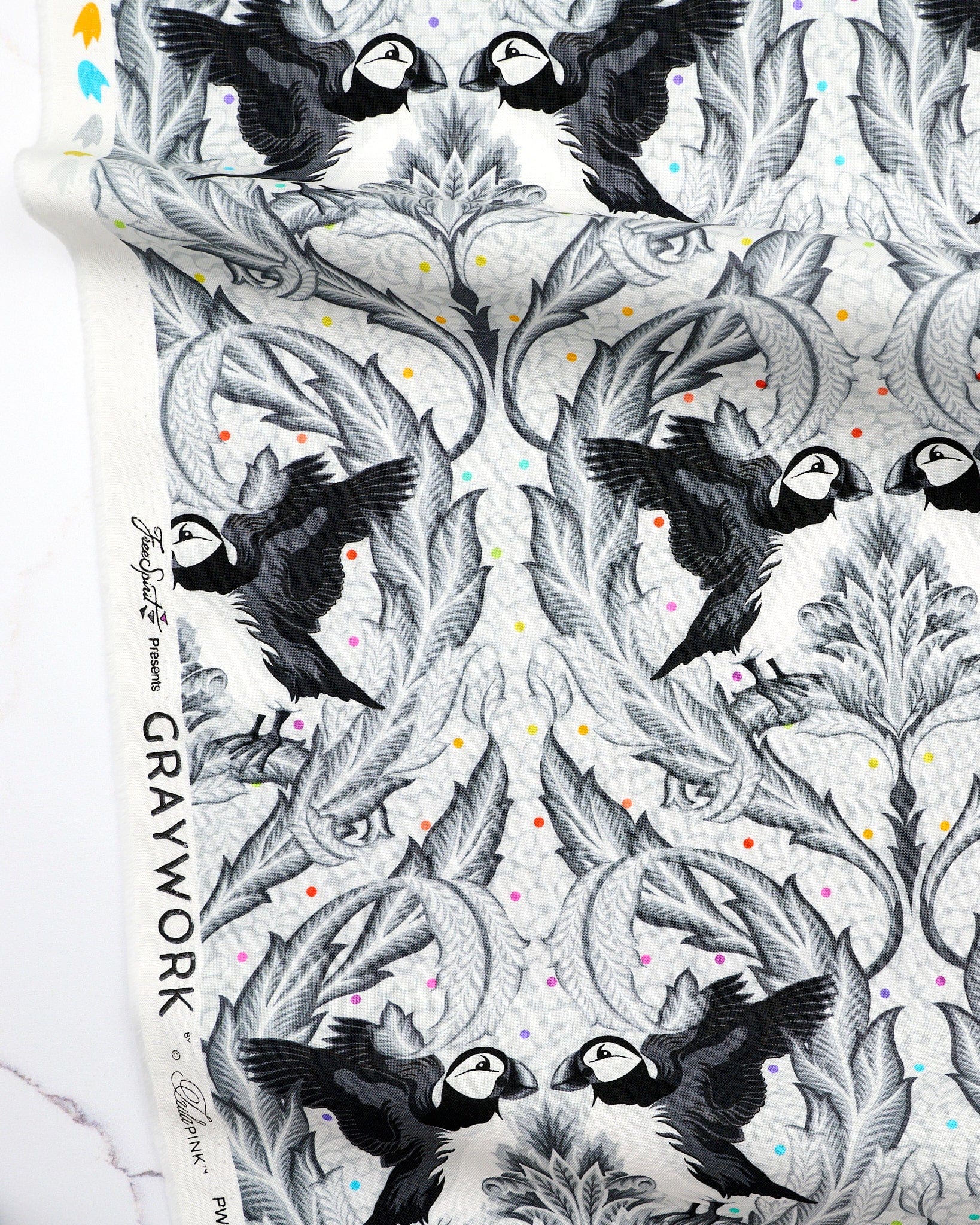 Huffin and Puffin in Whisper quilting fabric, part of the Graywork fabric collection by Tula Pink (SKU: PWTP260.WHISPER)