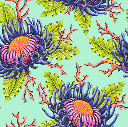Friends & Anemones in Seafoam quilting fabric, part of the Floral Reef fabric collection by Tula Pink (SKU: PWTP265.SEAFOAM)