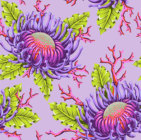 Friends & Anemones in Ultraviolet quilting fabric, part of the Floral Reef fabric collection by Tula Pink (SKU: PWTP265.ULTRAVIOLET)