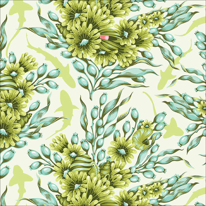 Shadow Sharks in Seagrass quilting fabric, part of the Floral Reef fabric collection by Tula Pink (SKU: PWTP267.SEAGRASS)