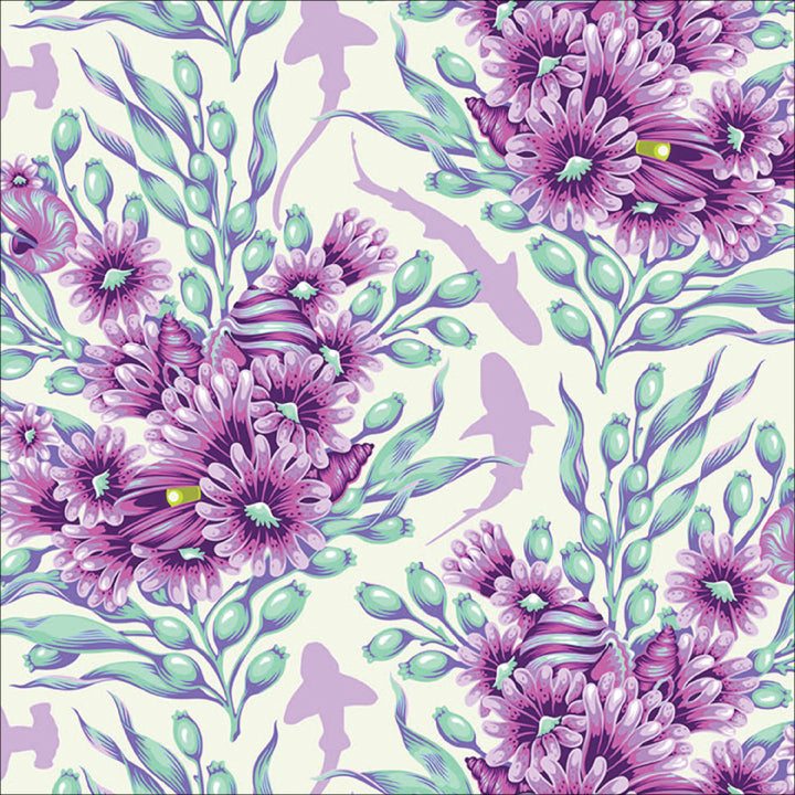Shadow Sharks in Ultraviolet quilting fabric, part of the Floral Reef fabric collection by Tula Pink (SKU: PWTP267.ULTRAVIOLET)