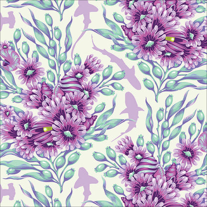 Shadow Sharks in Ultraviolet quilting fabric, part of the Floral Reef fabric collection by Tula Pink (SKU: PWTP267.ULTRAVIOLET)
