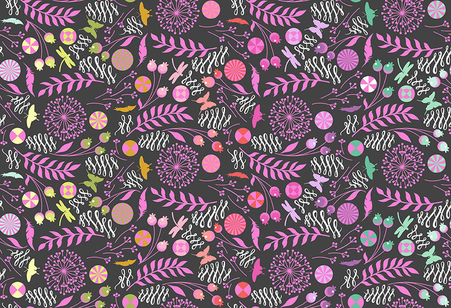 Dandelion quilting fabric, part of the Prince Charming Déja Vu fabric collection by Tula Pink (SKU: PWTP279.LICORICE)