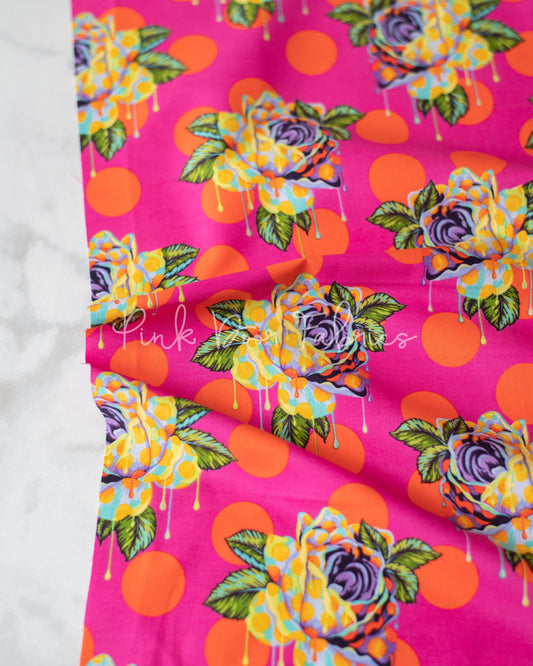 Cotton quilting fabric pattern called 'Painted Roses in Daydream'. Part of the 'Curiouser & Curiouser' fabric collection. Designed by Tula Pink for fabric company Free Spirit Fabrics. SKU: PWTP161.DAYDREAM. 44-45 inch width.