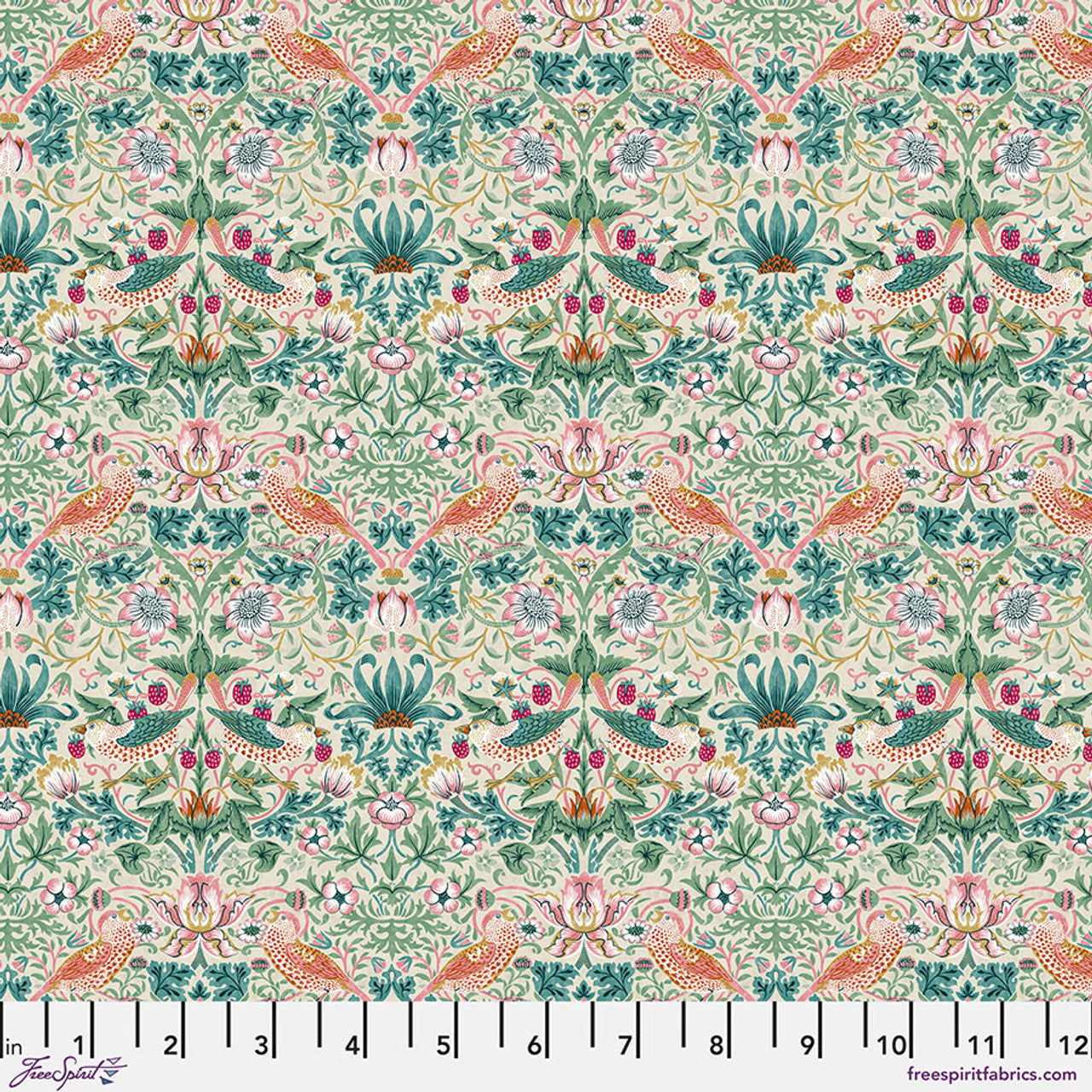 Mini Strawberry Thief in Mineral quilting fabric, part of the Bedford Park fabric collection by The Original Morris & Co (SKU: PWWM002.MINERAL)