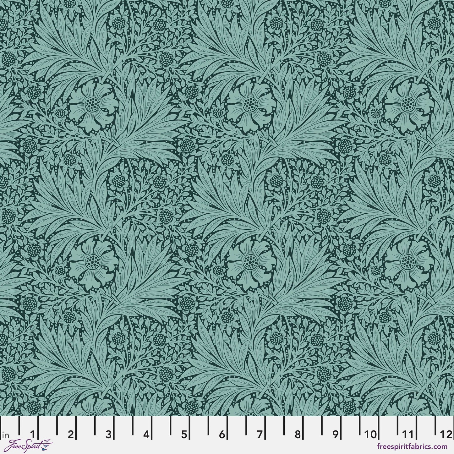 Marigold in Teal quilting fabric, part of the Bedford Park fabric collection by Morris & Co (SKU: PWWM006.TEAL)