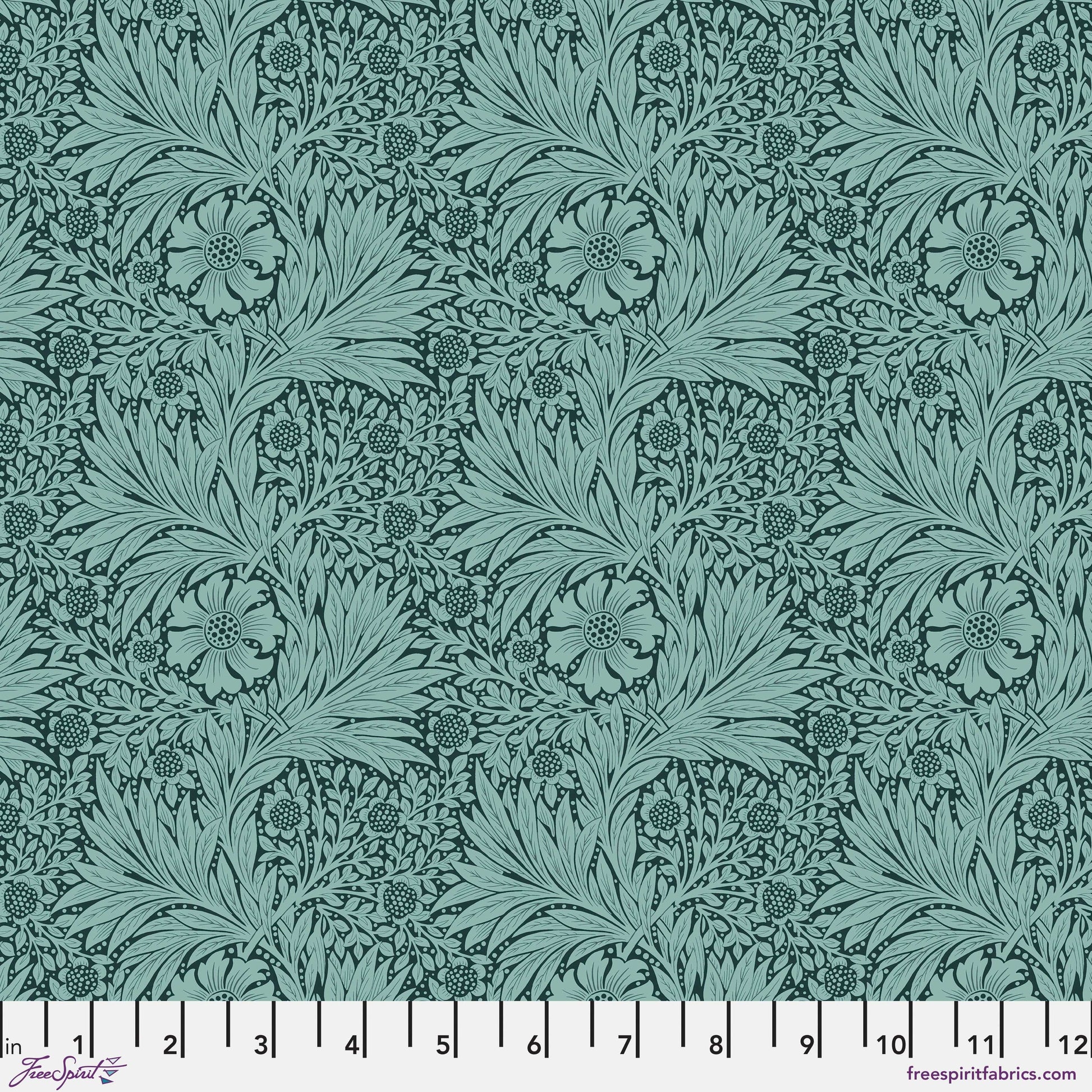 Marigold in Teal quilting fabric, part of the Bedford Park fabric collection by Morris & Co (SKU: PWWM006.TEAL)