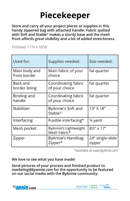 Piecekeeper - By Annie - Printed Bag Pattern - PBA281