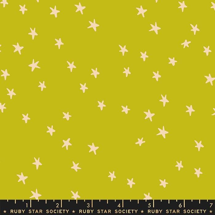 Cotton quilting fabric pattern called 'Starry in Pistachio'. Part of the 'Starry' fabric collection. Designed by Alexia Abegg for fabric company Ruby Star Society. SKU: RS4109 37. 44-45 inch width.