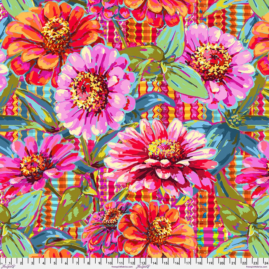 Giant Zinnias in pink fabric, part of the Festival fabric collection by Odile Bailloeul (SKU: QBOB002.PINK)