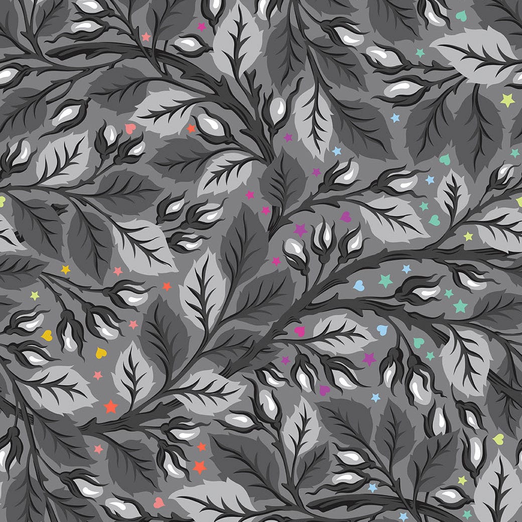 Nip in the Bud in Carbon 108" wideback quilting fabric, part of the Graywork fabric collection by Tula Pink (SKU: QBTP020.CARBON)