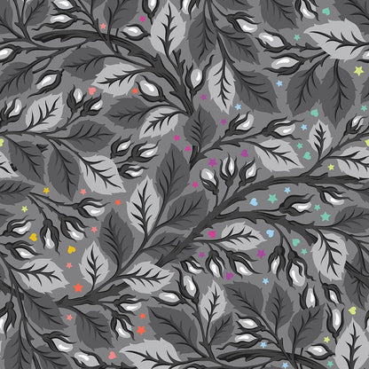 Nip in the Bud in Carbon 108" wideback quilting fabric, part of the Graywork fabric collection by Tula Pink (SKU: QBTP020.CARBON)