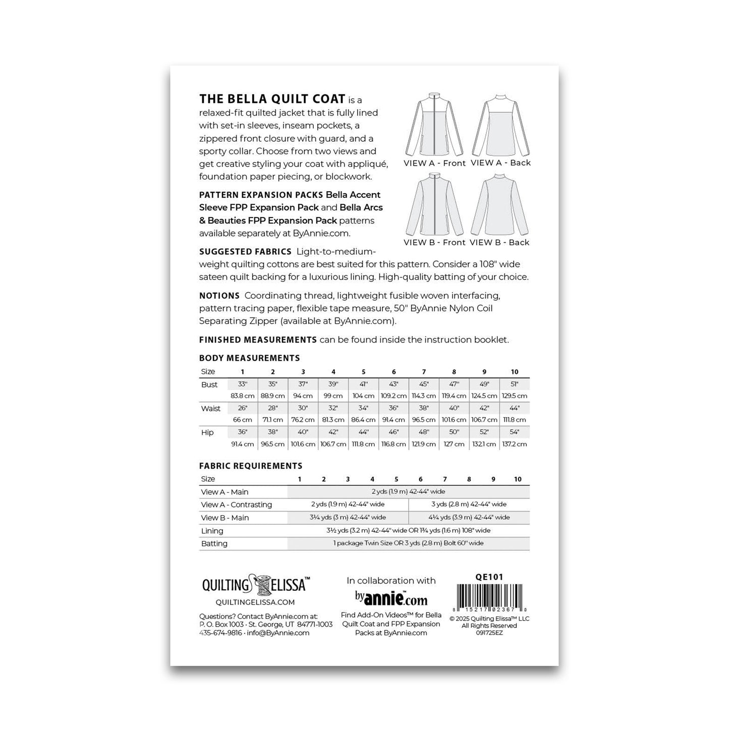 Bella Quilt Coat - Patterns by Annie - Paper Pattern - QE101