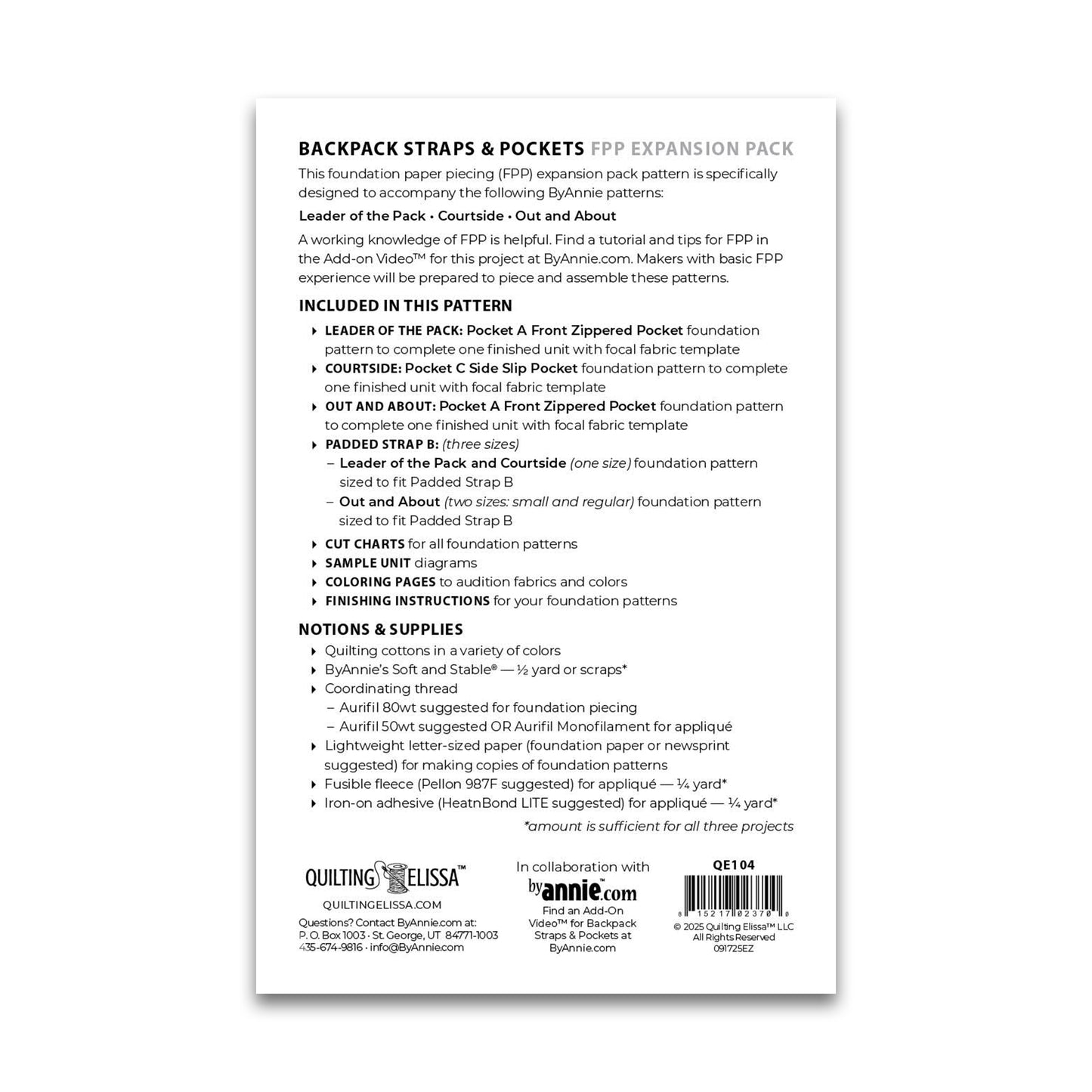 Backpack Straps and Pockets FPP Expansion Pack - Patterns by Annie - Paper Pattern - QE104 (Preorder)