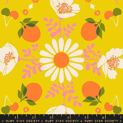 Cotton quilting fabric pattern called 'Poppy Garden in Golden Hour'. Part of the 'Juicy' fabric collection. Designed by Melody Miller for fabric company Ruby Star Society. SKU: RS0085 12. 44-45 inch width.
