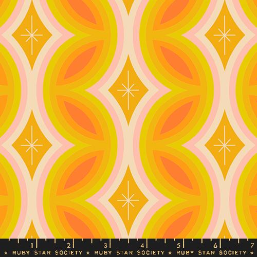 Cotton quilting fabric pattern called 'Rattan in Buttercup'. Part of the 'Juicy' fabric collection. Designed by Melody Miller for fabric company Ruby Star Society. SKU: RS0087 12. 44-45 inch width.