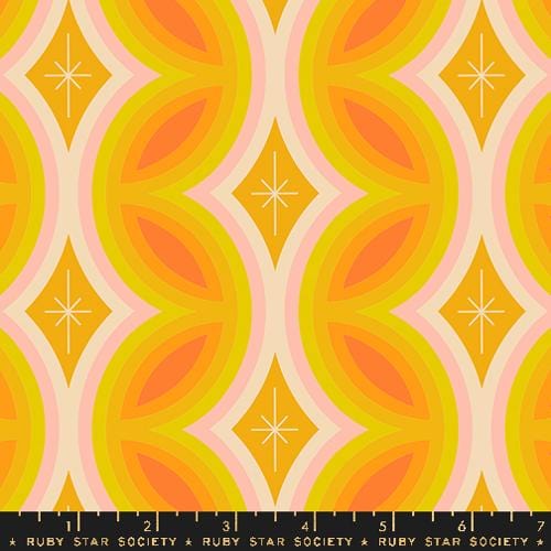 Cotton quilting fabric pattern called 'Rattan in Buttercup'. Part of the 'Juicy' fabric collection. Designed by Melody Miller for fabric company Ruby Star Society. SKU: RS0087 12. 44-45 inch width.