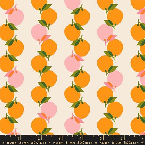 Cotton quilting fabric pattern called 'Stacked Up in Orange'. Part of the 'Juicy' fabric collection. Designed by Melody Miller for fabric company Ruby Star Society. SKU: RS0090 11. 44-45 inch width.