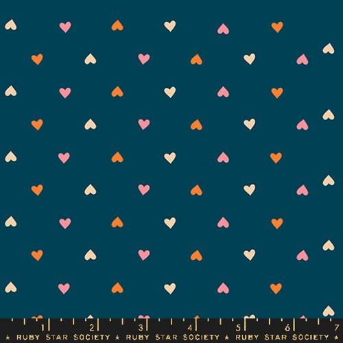 Cotton quilting fabric pattern called 'Hearts in Galaxy'. Part of the 'Juicy' fabric collection. Designed by Melody Miller for fabric company Ruby Star Society. SKU: RS0091 15. 44-45 inch width.