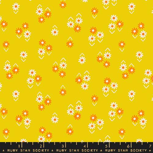 Cotton quilting fabric pattern called 'Baby Flowers in Golden Hour'. Part of the 'Juicy' fabric collection. Designed by Melody Miller for fabric company Ruby Star Society. SKU: RS0092 13. 44-45 inch width.