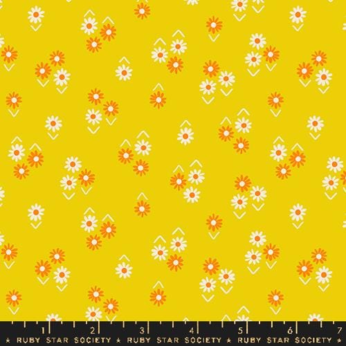 Cotton quilting fabric pattern called 'Baby Flowers in Golden Hour'. Part of the 'Juicy' fabric collection. Designed by Melody Miller for fabric company Ruby Star Society. SKU: RS0092 13. 44-45 inch width.