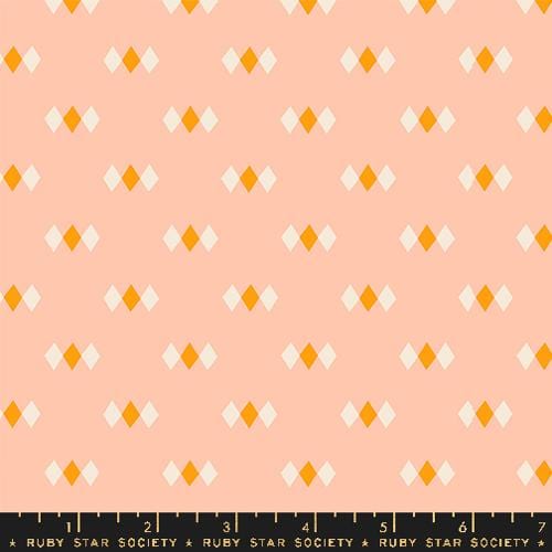 Cotton quilting fabric pattern called 'Diamonds in Peach'. Part of the 'Juicy' fabric collection. Designed by Melody Miller for fabric company Ruby Star Society. SKU: RS0093 14. 44-45 inch width.