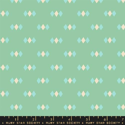 Cotton quilting fabric pattern called 'Diamonds in Moss'. Part of the 'Juicy' fabric collection. Designed by Melody Miller for fabric company Ruby Star Society. SKU: RS0093 17. 44-45 inch width.