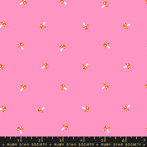 Cotton quilting fabric pattern called 'Tiny Mushrooms in Flamingo'. Part of the 'Carousel' fabric collection. Designed by Melody Miller for fabric company Ruby Star Society. SKU: RS0100 12. 44-45 inch width.