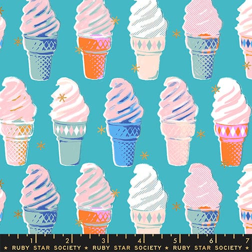 A closeup shot of the quilting fabric pattern called Ice Cream, designed by Melody Miller for Ruby Star Society, in the metallic turqouise colorway. The SKU is RS0105 17M.