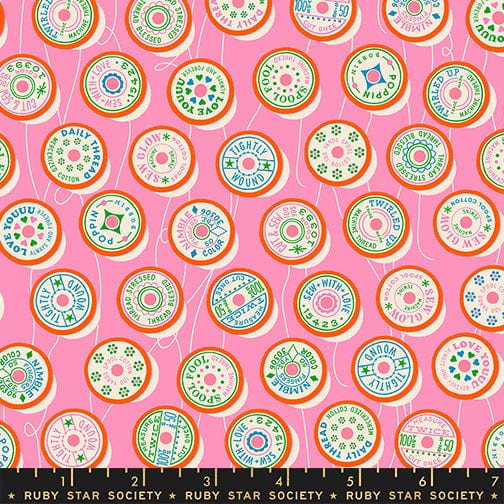 Spools in Flamingo quilting fabric, part of the Trinketry fabric collection by Melody Miller (SKU: RS0111 17)