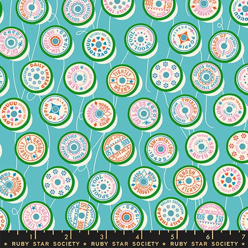 Spools in Turquoise quilting fabric, part of the Trinketry fabric collection by Melody Miller (SKU: RS0111 18)