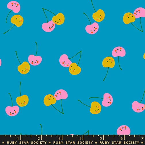 Cherry Friends in Bright Blue quilting fabric, part of the Trinketry fabric collection by Melody Miller (SKU: RS0112 14)