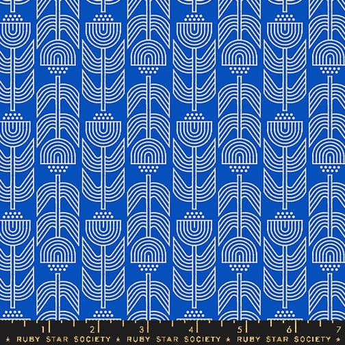 Cotton quilting fabric pattern called 'Ironworks in Blue Ribbon'. Part of the 'Woodland Park' fabric collection. Designed by Rashida Coleman Hale for fabric company Ruby Star Society. SKU: RS1087 15. 44-45 inch width.