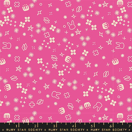 Cotton quilting fabric pattern called 'Bunny Bloom in Raspberry'. Part of the 'Woodland Park' fabric collection. Designed by Rashida Coleman Hale for fabric company Ruby Star Society. SKU: RS1088 13. 44-45 inch width.