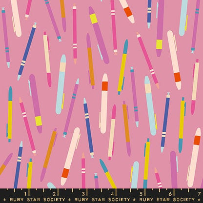 A closeup shot of the quilting fabric pattern called Do You Have a Pen, designed by Rashida Coleman Hale, in the plum colorway. The SKU is RS1093 13.