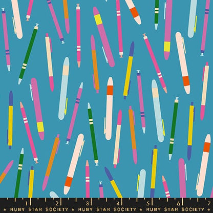 A closeup shot of the quilting fabric pattern called Do You Have a Pen, designed by Rashida Coleman Hale, in the vintage blue colorway. The SKU is RS1093 14.