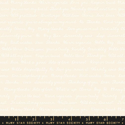 A closeup shot of the quilting fabric pattern called Hello Goodbye, designed by Rashida Coleman Hale, in the natural colorway. The SKU is RS1096 11.