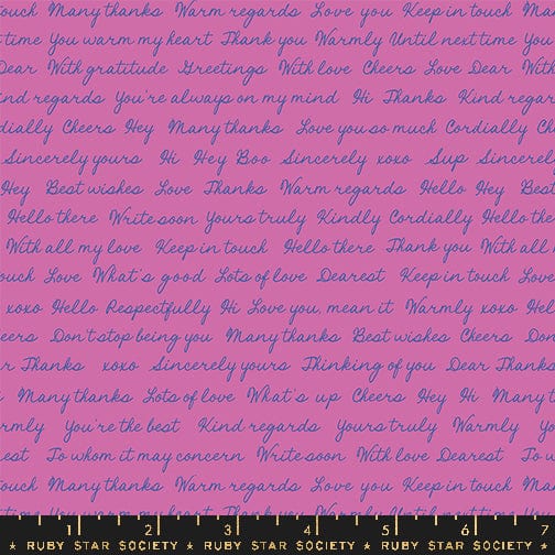 A closeup shot of the quilting fabric pattern called Hello Goodbye, designed by Rashida Coleman Hale, in the heliotrope colorway. The SKU is RS1096 15.