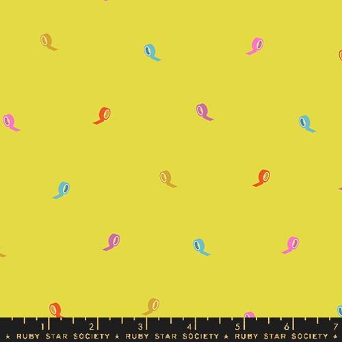 A closeup shot of the quilting fabric pattern called Roll With It, designed by Rashida Coleman Hale, in the citron colorway. The SKU is RS1101 15.