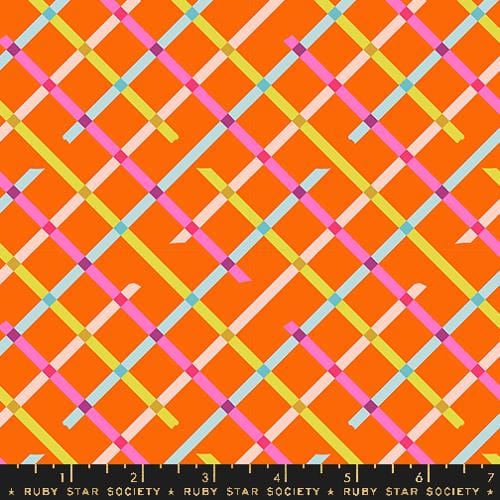 A closeup shot of the quilting fabric pattern called Off Grid, designed by Rashida Coleman Hale, in the goldfish colorway. The SKU is RS1104 14.