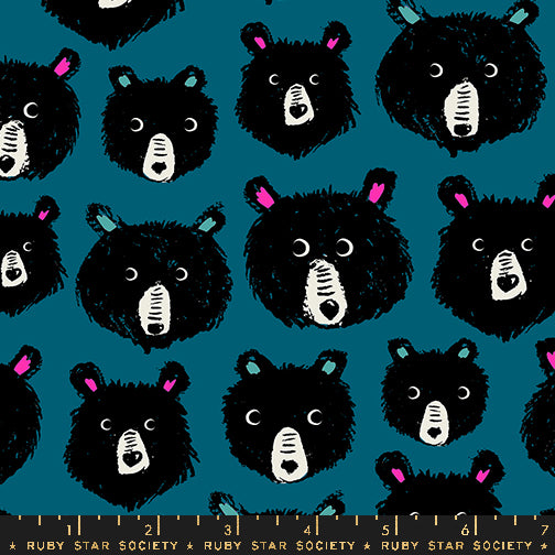 Cotton quilting fabric pattern called 'Teddy And The Bears in Thunder'. Part of the 'Teddy And The Bears' fabric collection. Designed by Sarah Watts for fabric company Ruby Star Society. SKU: RS2102 14. 44-45 inch width.