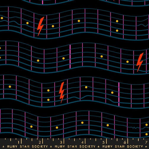 Cotton quilting fabric pattern called 'Fretboard in Black'. Part of the 'Teddy And The Bears' fabric collection. Designed by Sarah Watts for fabric company Ruby Star Society. SKU: RS2105 16. 44-45 inch width.