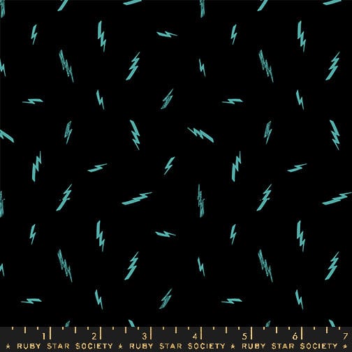 Cotton quilting fabric pattern called 'Electric in Black'. Part of the 'Teddy And The Bears' fabric collection. Designed by Sarah Watts for fabric company Ruby Star Society. SKU: RS2107 17. 44-45 inch width.