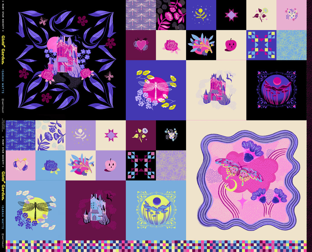 A closeup shot of the quilting fabric called Fairytale Panel, designed by Sarah Watts, in the multi colorway. The SKU is RS2111 11.