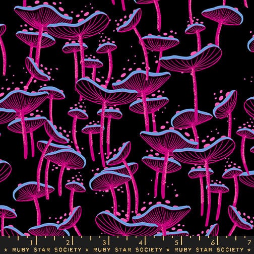 A closeup shot of the quilting fabric pattern called Fungi Novelty Mushrooms, designed by Sarah Watts, in the colorway black. The SKU is RS2115 17