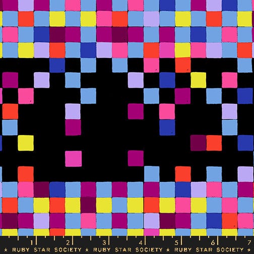 A closeup shot of the quilting fabric pattern called Pixels, designed by Sarah Watts, in the black colorway. The SKU is RS2117 19.