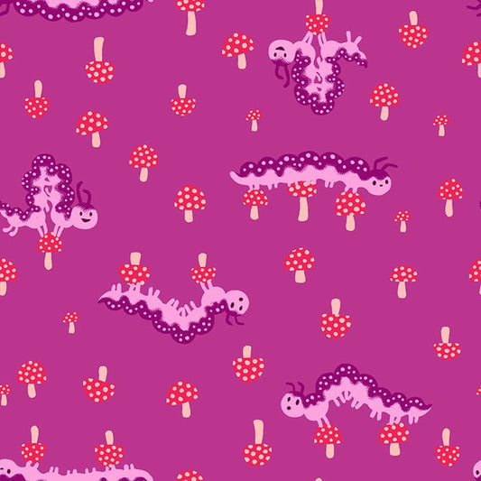 A closeup shot of the quilting fabric pattern called Caterpillar, designed by Sarah Watts for Ruby Star Society, in the berry colorway. The SKU is RS2127 11.
