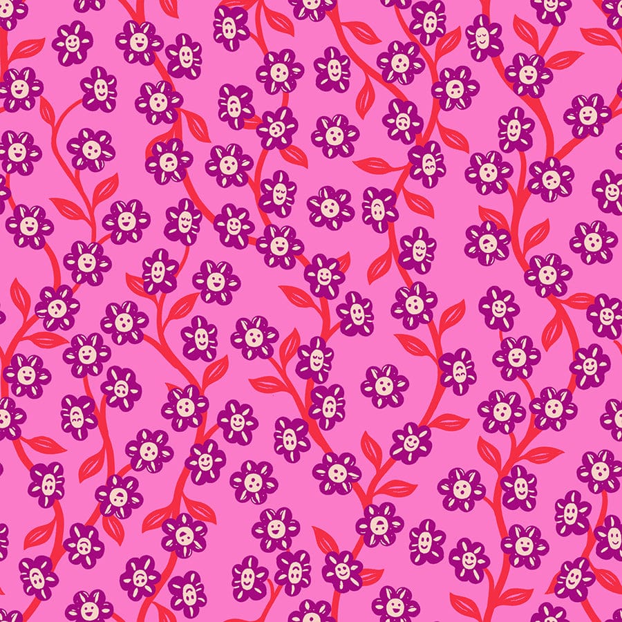 A closeup shot of the quilting fabric pattern called Chatty Garden, designed by Sarah Watts for Ruby Star Society, in the lipstick colorway. The SKU is RS2128 13.