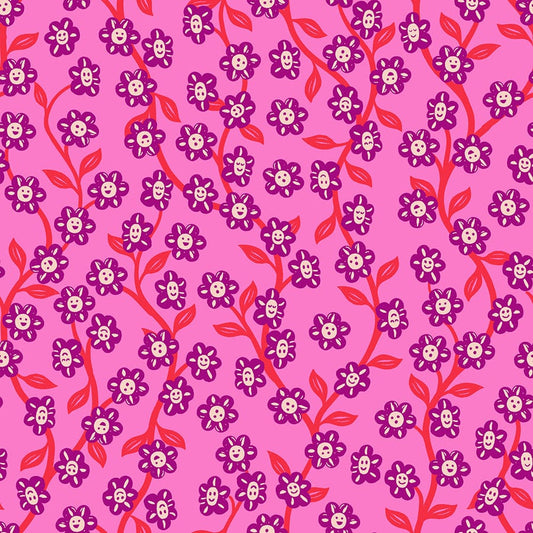 A closeup shot of the quilting fabric pattern called Chatty Garden, designed by Sarah Watts for Ruby Star Society, in the lipstick colorway. The SKU is RS2128 13.