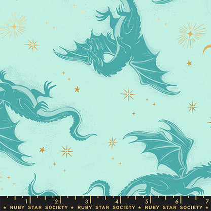 Etched Dragons in Metallic Mint quilting fabric, part of the Fireglow fabric collection by Sarah Watts (SKU: RS2131 13M)